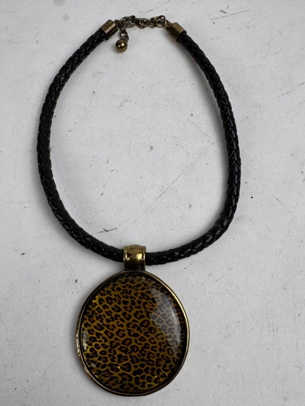 Animal Print Statement Medallion Necklace Braided Cord Antique Brass Tone